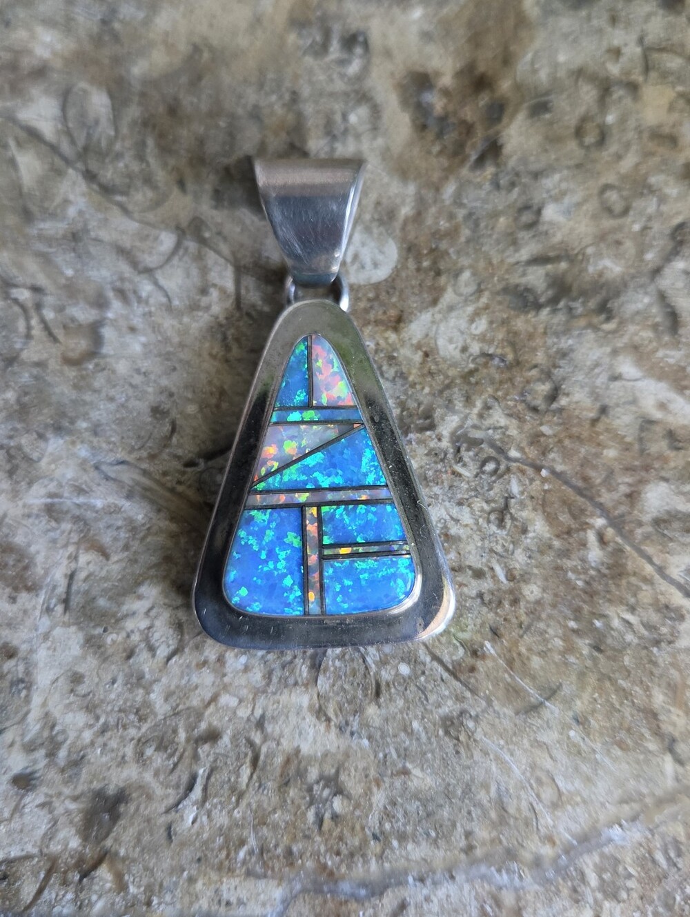 Navajo Zuni Opal Inlay Native Artist A L Pendant Sterling Silver 925